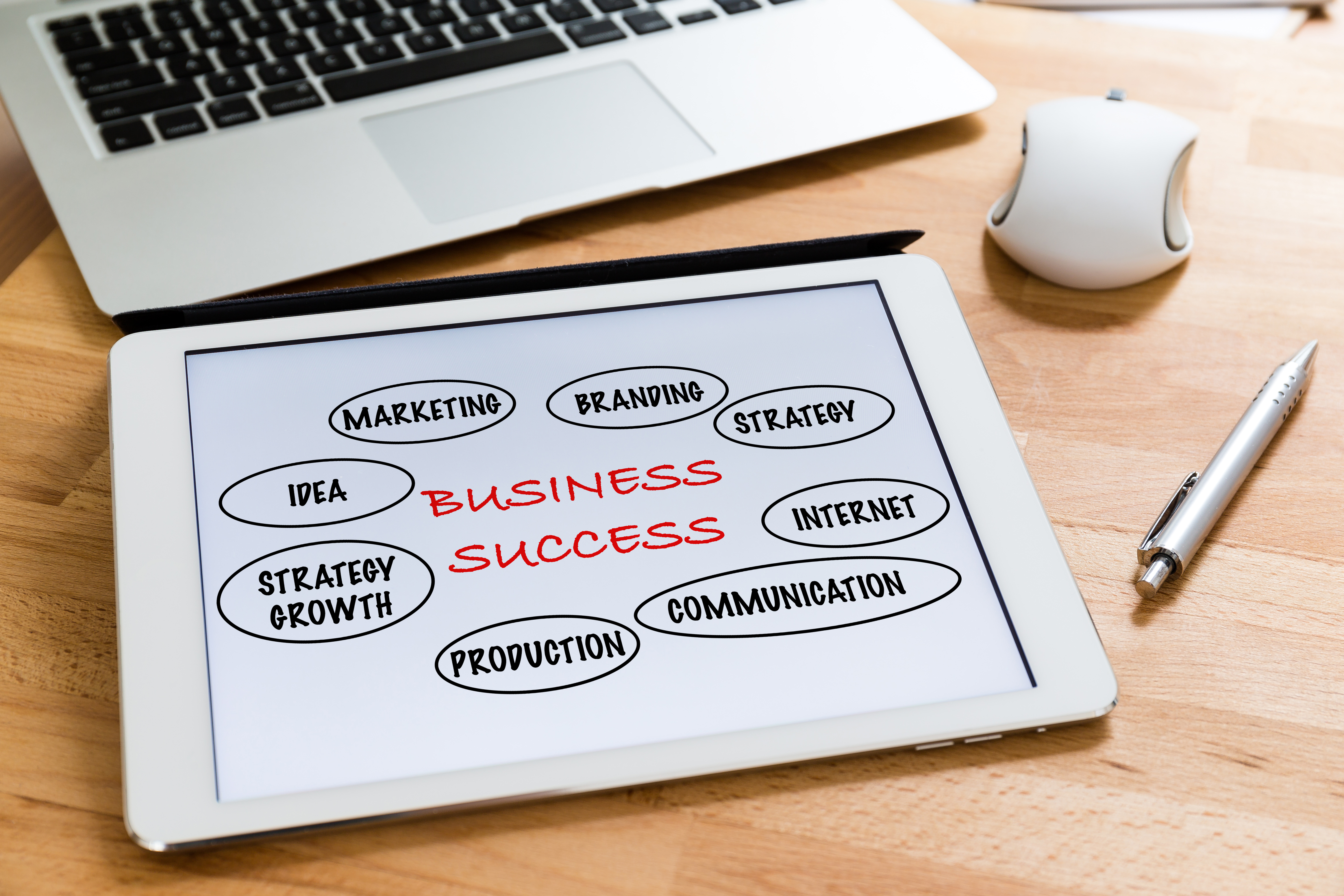 business office table with table pc presenting marketing success concept